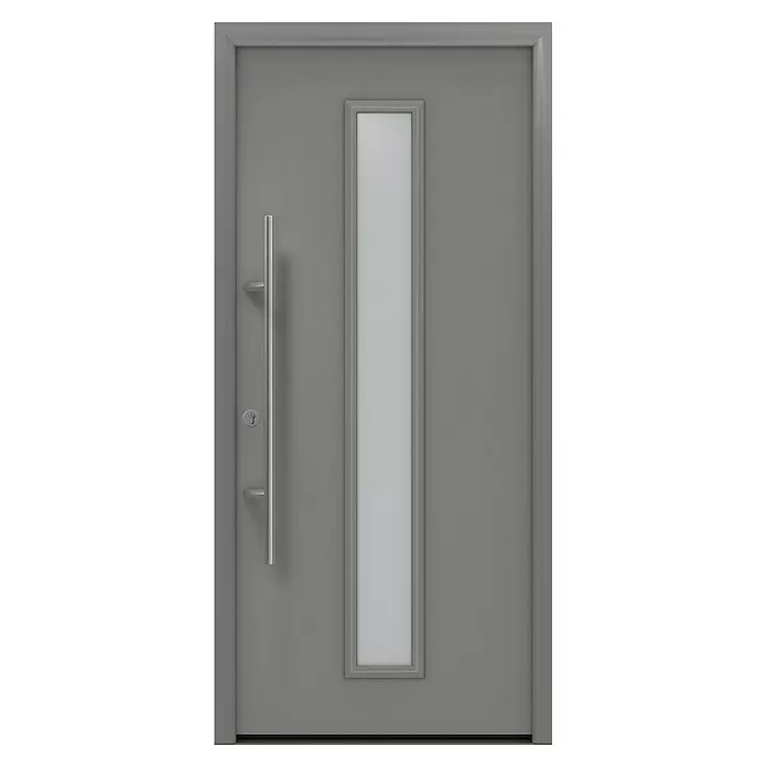 Hörmann EcoStar Haustür ISOPRO Secur IPS 020S - 110 x 210 cm, DIN Anschlag: Links, Graualuminium - Moderne graue Tür mit vertikalem Milchglas und langem silbernem Stangengriff.