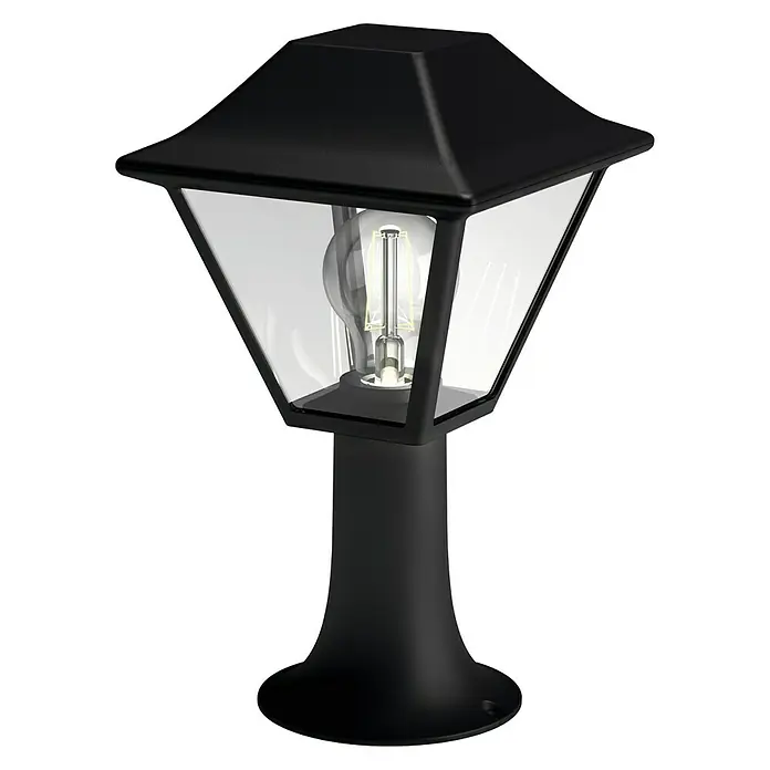 Philips Alpenglow Sobremuro exterior - 60 W, Color del marco: Negro, 18,6 x 18,6 x 31,6 cm, Sin bombillas - Una elegante luz exterior negra con una carcasa de vidrio transparente y una bombilla decorativa, perfecta para agregar iluminación.