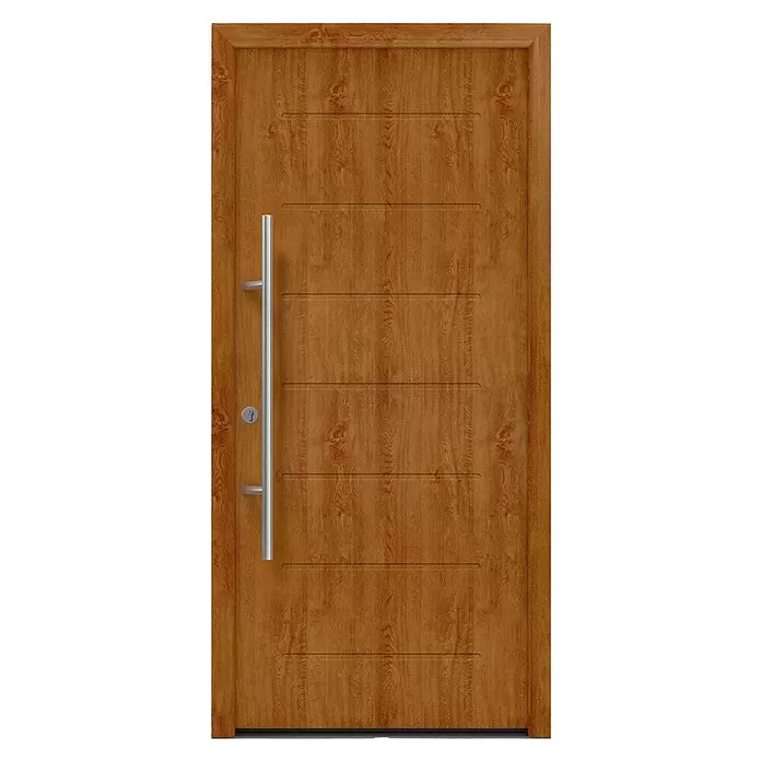 Hörmann EcoStar Haustür ISOPRO Secur IPS 015 - 110 x 210 cm, DIN Anschlag: Links, Golden Oak - Braune Holztür mit horizontalen Rillen, silbernem Griff und Schlüsselloch.