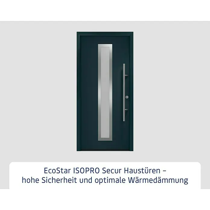 Hörmann EcoStar Haustür ISOPRO Secur IPS 700S - 110 x 210 cm, DIN Anschlag: Rechts, Anthrazitgrau - Abbildung einer blauen EcoStar ISOPRO Secur Haustür mit einem schlanken, vertikalen Fenster und einem eleganten, langen Türgriff.