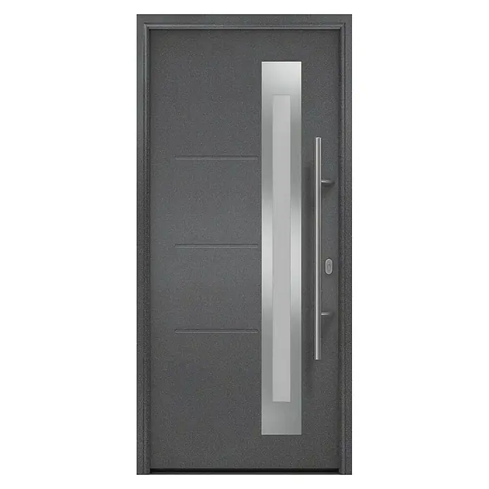 Hörmann EcoStar Haustür ISOPRO IP 780S - 110 x 210 cm, DIN Anschlag: Rechts, CH 703 Anthrazit Metallic - Abgebildet ist eine moderne Haustür in Anthrazit mit einem vertikalen, rechteckigen Glaselement und einem langen, silbernen Griff. Die Tür hat horizontale Zierlinien.