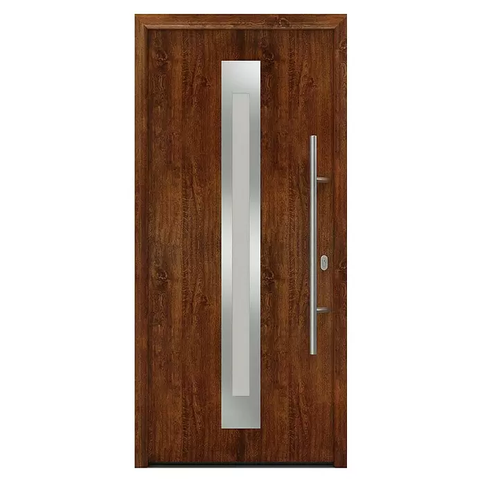 Hörmann EcoStar Haustür ISOPRO IP 770S - 110 x 210 cm, DIN Anschlag: Rechts, Dark Oak - Braune Holztür mit vertikaler silberner Akzentplatte, langem silbernen Stangengriff und Schlüsselloch.