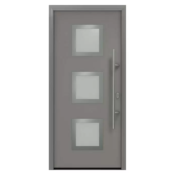 Hörmann EcoStar Haustür ISOPRO IP 810S - 110 x 210 cm, DIN Anschlag: Rechts, Graualuminium - Moderne graue Tür mit drei quadratischen Milchglasfenstern und einem langen Edelstahl-Stangengriff.
