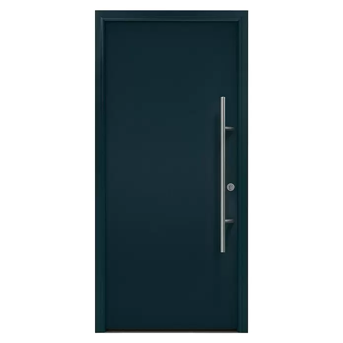 Hörmann EcoStar Haustür ISOPRO Secur IPS 010 - 110 x 210 cm, DIN Anschlag: Rechts, Anthrazitgrau - Moderne dunkelblaue Tür mit langem, vertikalem silbernem Stangengriff und Schlüsselloch.