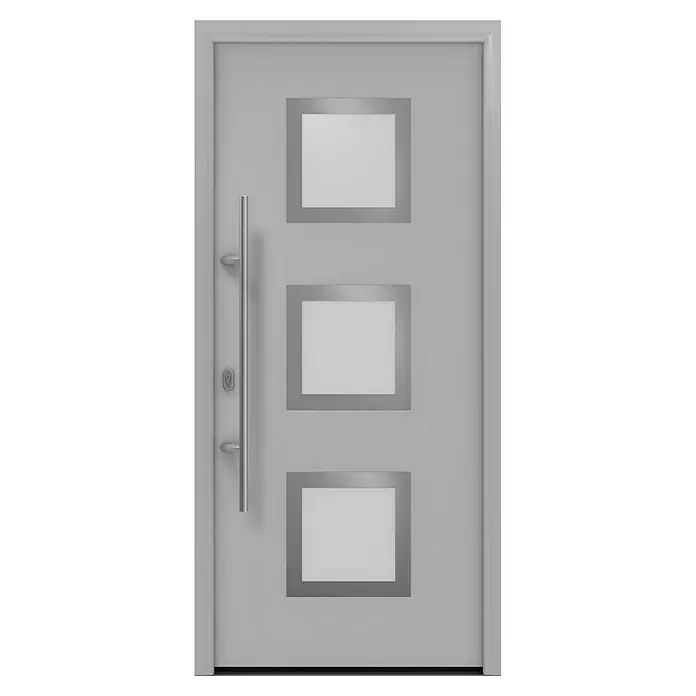 Hörmann EcoStar Haustür ISOPRO IP 810S - 110 x 210 cm, DIN Anschlag: Links, Weißaluminium - Moderne graue Eingangstür mit drei quadratischen, transluzenten Glaseinsätzen und langem, gebürstetem Metallgriff.