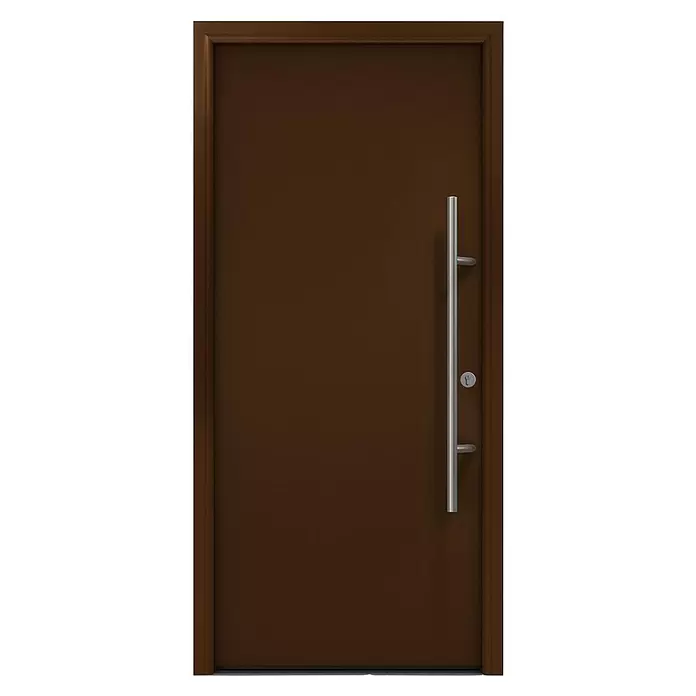 Hörmann EcoStar Haustür ISOPRO Secur IPS 010 - 110 x 210 cm, DIN Anschlag: Rechts, Terrabraun - Dunkelbraune moderne Tür mit langem silbernem Stangengriff und Schlüsselloch.