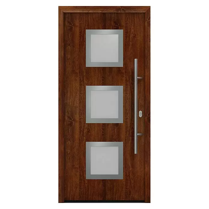 Hörmann EcoStar Haustür ISOPRO IP 810S - 110 x 210 cm, DIN Anschlag: Rechts, Dark Oak - Braune Holztür mit drei rechteckigen Milchglasscheiben und langem silbernen Stangengriff.