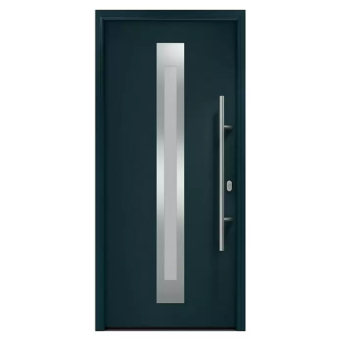 Hörmann EcoStar Haustür ISOPRO IP 770S - 110 x 210 cm, DIN Anschlag: Rechts, Anthrazitgrau - Moderne dunkelblaue Eingangstür mit vertikalem silberfarbenem Metalleinsatz und langem Griff aus gebürstetem Metall.