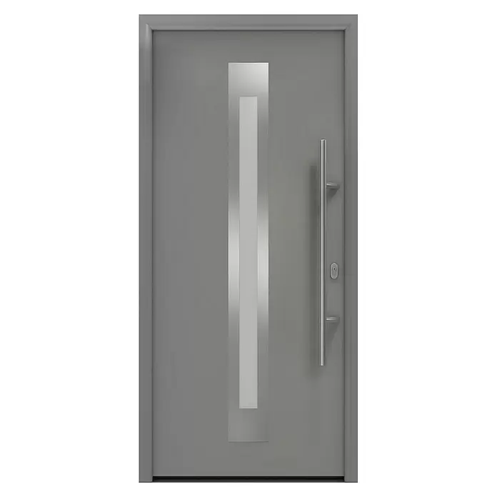 Hörmann EcoStar Haustür ISOPRO IP 770S - 110 x 210 cm, DIN Anschlag: Rechts, Graualuminium - Moderne graue Eingangstür mit vertikalem Milchglaseinsatz und gebürstetem Metall-Stangengriff.
