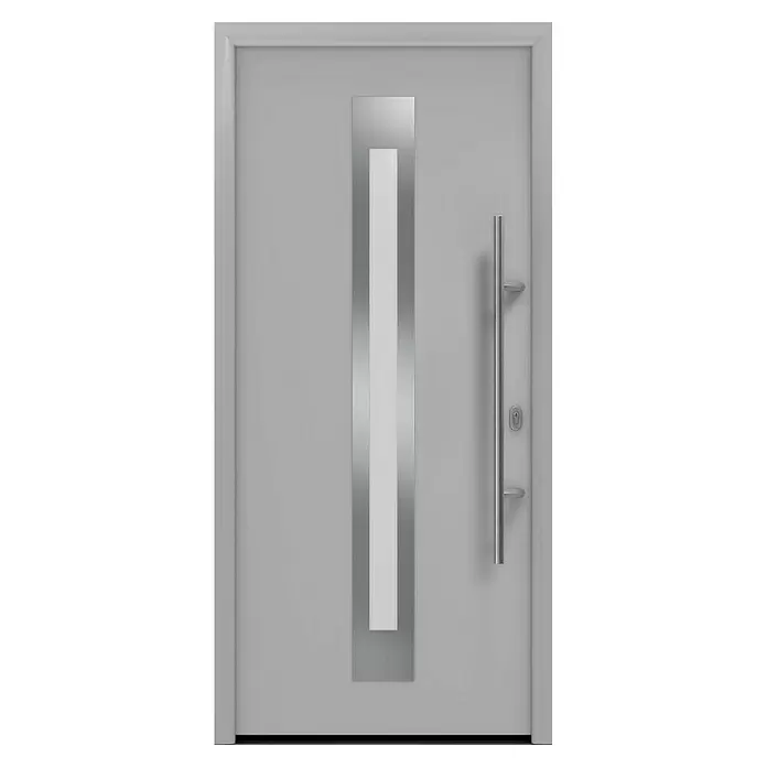 Hörmann EcoStar Haustür ISOPRO IP 770S - 110 x 210 cm, DIN Anschlag: Rechts, Weißaluminium - Moderne hellgraue Haustür mit vertikalem Milchglas und gebürstetem Metallgriff.
