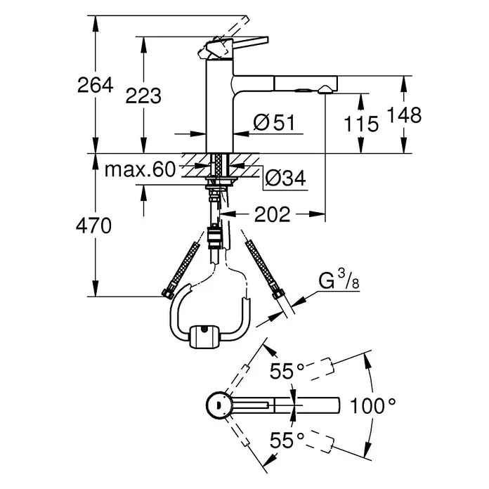 Grohe Concetto Spültischarmatur - Edelstahl, Matt, Anzahl Strahlarten: 2 Stk. - Eine technische Zeichnung eines Wasserhahns mit Maßen und Winkeln, die für Installationszwecke relevant sind.