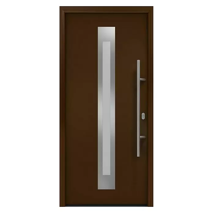 Hörmann EcoStar Haustür ISOPRO IP 770S - 110 x 210 cm, DIN Anschlag: Rechts, Terrabraun - Moderne braune Eingangstür mit vertikalem Silbereinsatz und langem silbernen Stangengriff.