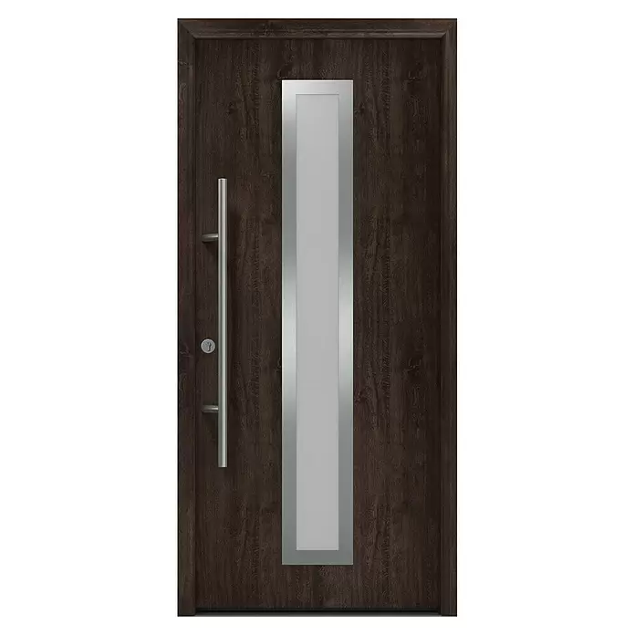 Hörmann EcoStar Haustür ISOPRO Secur IPS 700S - 110 x 210 cm, DIN Anschlag: Links, Night Oak - Dunkelbraune Holztür mit vertikaler Milchglasscheibe und langem silbernem Stangengriff.