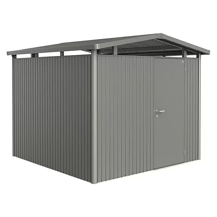 Biohort Panorama Gerätehaus Panorama P4 - Außenmaß inkl. Dachüberstand (B x T): 273 x 278 cm, Stahl, Quarzgrau Metallic, Einzeltür - Vorderansicht