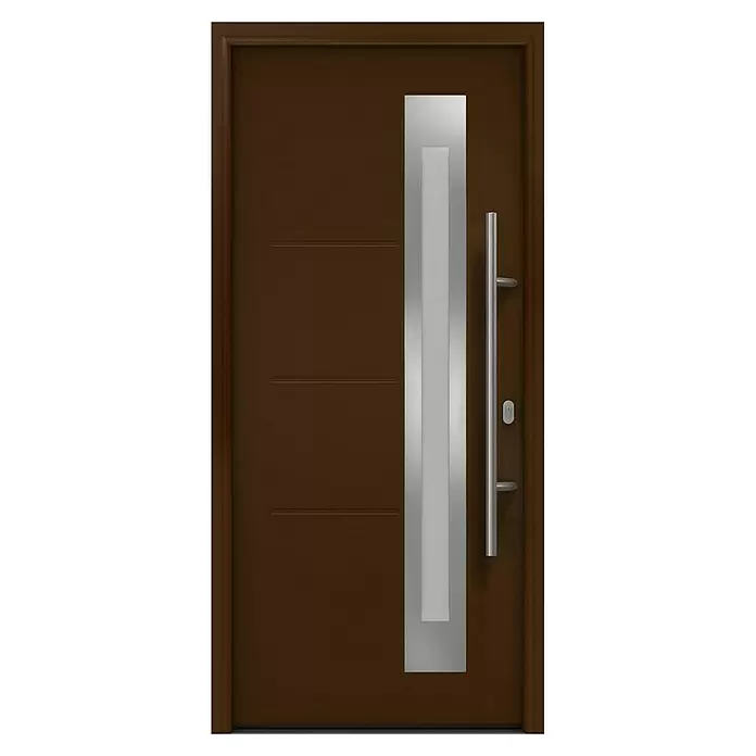 Hörmann EcoStar Haustür ISOPRO IP 780S - 110 x 210 cm, DIN Anschlag: Rechts, Terrabraun - Moderne braune Eingangstür mit silberner Vertikalplatte und langem Griff.