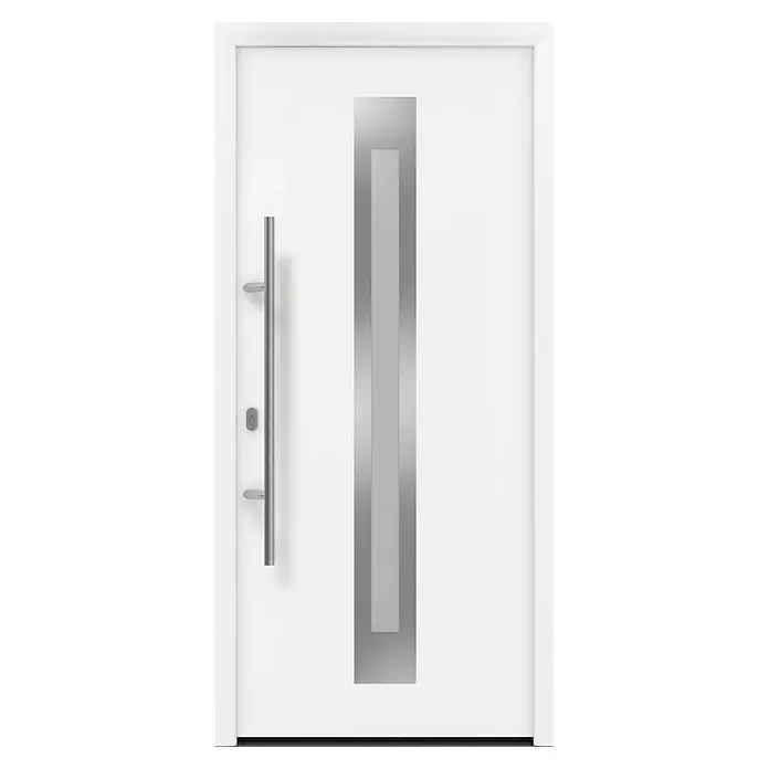 Hörmann EcoStar Haustür ISOPRO IP 770S - 110 x 210 cm, DIN Anschlag: Links, Verkehrsweiß - Weiße moderne Eingangstür mit vertikalem silbergrauem Glaseinsatz und langem Edelstahlgriff.