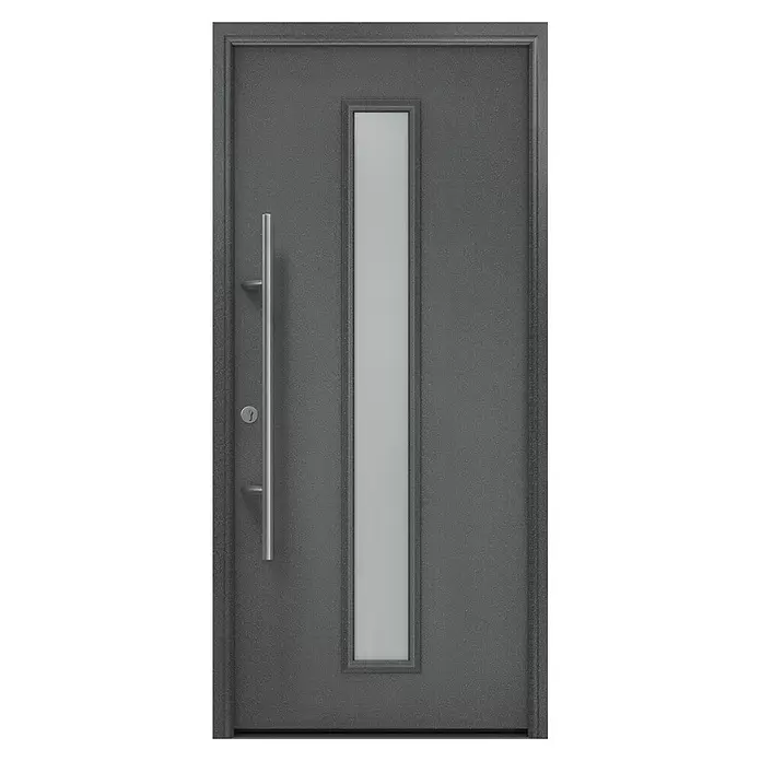Hörmann EcoStar Haustür ISOPRO Secur IPS 020S - 110 x 210 cm, DIN Anschlag: Links, CH 703 Anthrazit Metallic - Moderne dunkelgraue Haustür mit vertikalem Milchglas und langem Metallgriff.