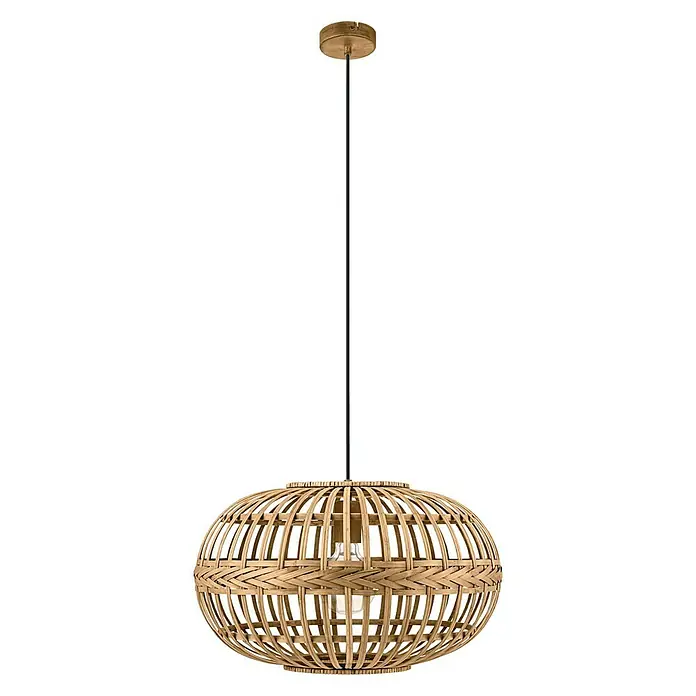 Eglo Pendelleuchte rund Amsfield - 60 W, Ø x H: 380 mm x 110 cm, Braun, E27 - Eine elegante Hängeleuchte mit einem runden Lampenschirm aus hellem Holzgeflecht, die ein warmes und natürliches Licht erzeugt.