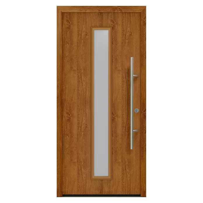 Hörmann EcoStar Haustür ISOPRO Secur IPS 020S - 110 x 210 cm, DIN Anschlag: Rechts, Golden Oak - Braune Holztür mit vertikaler Milchglasscheibe und langem silbernem Stangengriff.