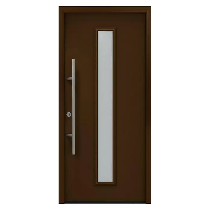 Hörmann EcoStar Haustür ISOPRO Secur IPS 020S - 110 x 210 cm, DIN Anschlag: Links, Terrabraun - Braune Tür mit langem silbernen Stangengriff, Schlüsselloch und vertikaler Milchglasscheibe.