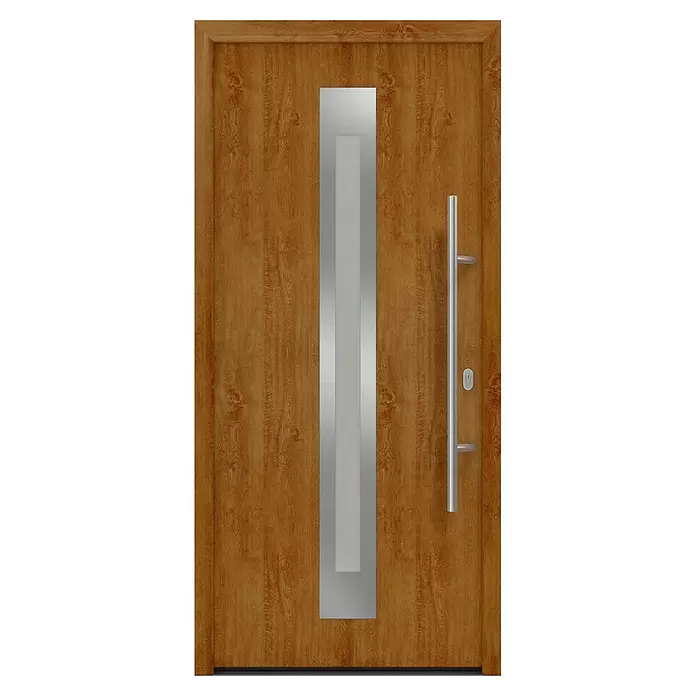Hörmann EcoStar Haustür ISOPRO IP 770S - 110 x 210 cm, DIN Anschlag: Rechts, Golden Oak - Braune Eingangstür in Holzoptik mit vertikaler silberner Metallplatte und langem silbernem Griff.