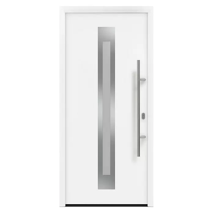 Hörmann EcoStar Haustür ISOPRO IP 770S - 110 x 210 cm, DIN Anschlag: Rechts, Verkehrsweiß - Weiße moderne Eingangstür mit vertikalem Milchglaseinsatz, langem Edelstahl-Stangengriff und Schließzylinder.