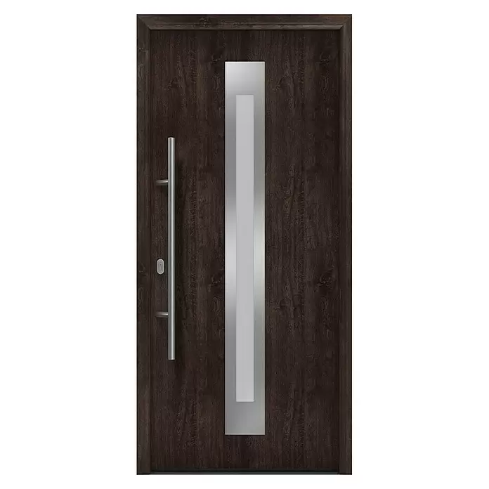 Hörmann EcoStar Haustür ISOPRO IP 770S - 110 x 210 cm, DIN Anschlag: Links, Night Oak - Moderne dunkle Holztür mit langem Griff aus gebürstetem Metall und zentraler vertikaler Platte mit hellem Einsatz.