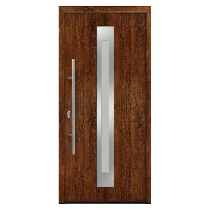 Hörmann EcoStar Haustür ISOPRO IP 770S - 110 x 210 cm, DIN Anschlag: Links, Dark Oak - Moderne dunkelbraune Holztür mit vertikalem Silbereinsatz, langem Griff und Schlüsselloch.