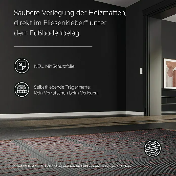 AEG Fußbodenheizung TBS TB 160/2.5 SET PLUS - 500 x 50 cm, Beheizbare Fläche: 2,5 m², 400 W - Bild einer Heizmatte mit Hinweisen zu Produkteigenschaften, wie Schutzfolie und selbstklebender Trägermatte für einfache Verlegung.