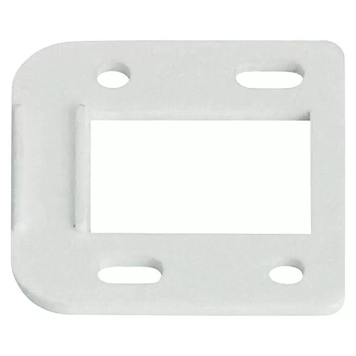 Suki Espaciador - Específico para: Bisagra con resorte Häfele, Blanco - Placa de montaje de plástico blanco con recorte rectangular y cuatro orificios de fijación (dos ranurados, dos redondos).