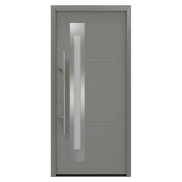 Hörmann EcoStar Haustür ISOPRO Secur IPS 780S - 110 x 210 cm, DIN Anschlag: Links, Graualuminium - Moderne Haustür in Grau mit senkrechtem Glaselement und einem langen, vertikalen Griff aus Edelstahl. Sie bietet Stil und Sicherheit.