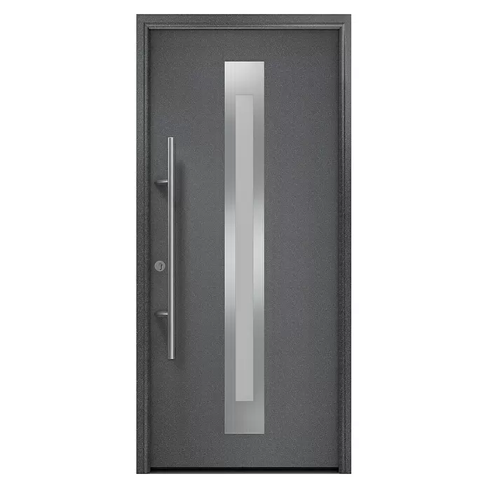 Hörmann EcoStar Haustür ISOPRO Secur IPS 770S - 110 x 210 cm, DIN Anschlag: Links, CH 703 Anthrazit Metallic - Moderne dunkelgraue Eingangstür mit vertikalem silbernem Stangengriff und rechteckigem Milchglaseinsatz.