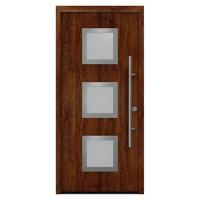 Hörmann EcoStar Haustür ISOPRO Secur IPS 810S - 110 x 210 cm, DIN Anschlag: Rechts, Dark Oak - Moderne braune Holztür mit drei Milchglasfenstern, langem silbernen Stangengriff und Schloss.