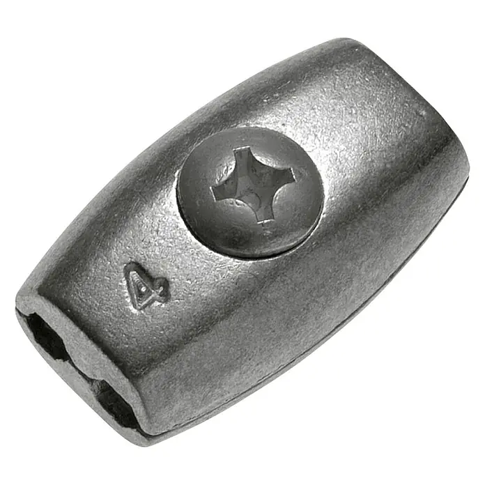 Stabilit Drahtseilklemme - 2 Stk., Für Seildurchmesser: 2 mm, Stahl - Nahaufnahme einer Drahtseilklemme aus Metall mit einer Schraube, die zum Befestigen und Sichern von Drahtseilen verwendet wird.