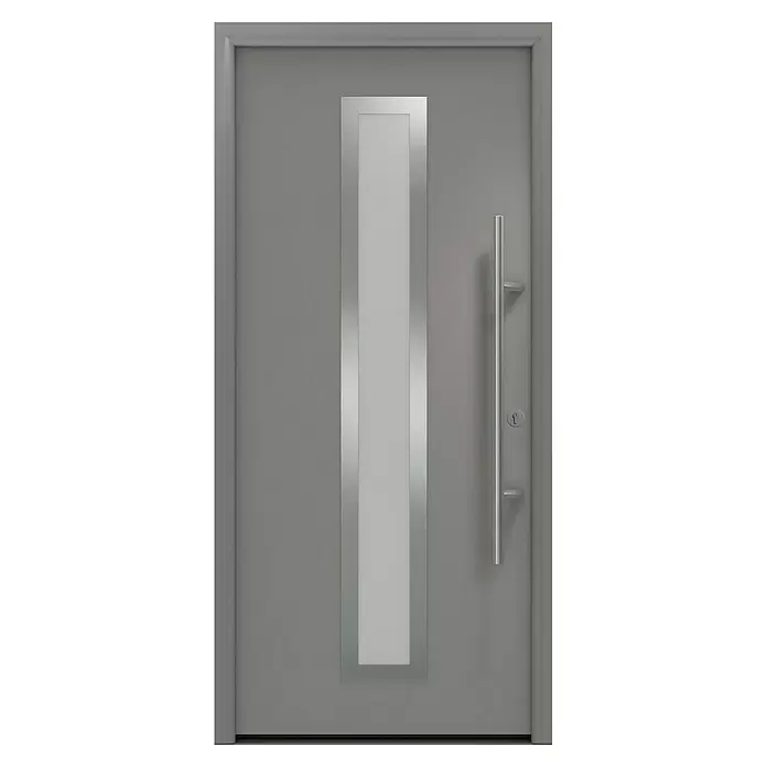 Hörmann EcoStar Haustür ISOPRO Secur IPS 700S - 110 x 210 cm, DIN Anschlag: Rechts, Graualuminium - Moderne graue Tür mit langem rechteckigem Glaseinsatz und vertikalem Stangengriff.