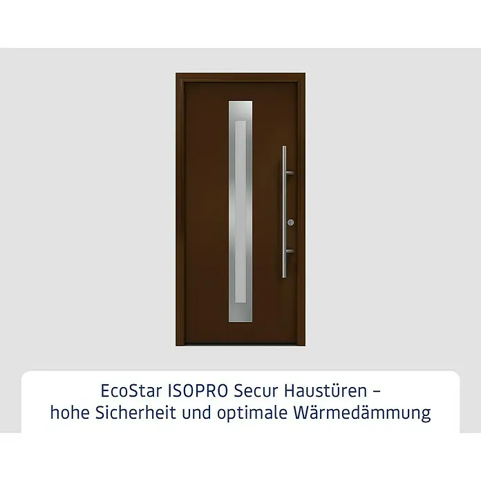 Hörmann EcoStar Haustür ISOPRO Secur IPS 770S - 110 x 210 cm, DIN Anschlag: Rechts, Terrabraun - Braune Haustür mit senkrechtem Fenster und langem Griff.