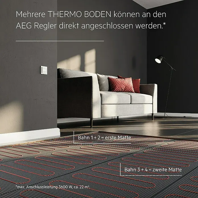 AEG Fußbodenheizung TBS TB 160/2.5 SET PLUS - 500 x 50 cm, Beheizbare Fläche: 2,5 m², 400 W - Mehrere THERMO BODEN Heizmatten sind direkt an den AEG Regler anschließbar.
