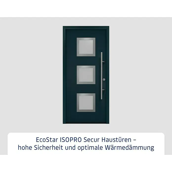 Hörmann EcoStar Haustür ISOPRO Secur IPS 810S - 110 x 210 cm, DIN Anschlag: Rechts, Anthrazitgrau - Elegante EcoStar ISOPRO Secur Haustür in dunklem Blau mit drei quadratischen Glaseinsätzen und einem modernen, langen Türgriff.