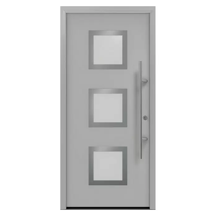 Hörmann EcoStar Haustür ISOPRO Secur IPS 810S - 110 x 210 cm, DIN Anschlag: Rechts, Weißaluminium - Moderne hellgraue Tür mit drei quadratischen Glasfeldern und vertikalem silbernem Stangengriff.