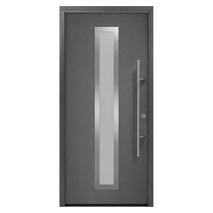 Hörmann EcoStar Haustür ISOPRO Secur IPS 700S - 110 x 210 cm, DIN Anschlag: Rechts, CH 703 Anthrazit Metallic - Moderne graue Eingangstür mit langem Edelstahl-Stangengriff und vertikalem Milchglas-Einsatz.