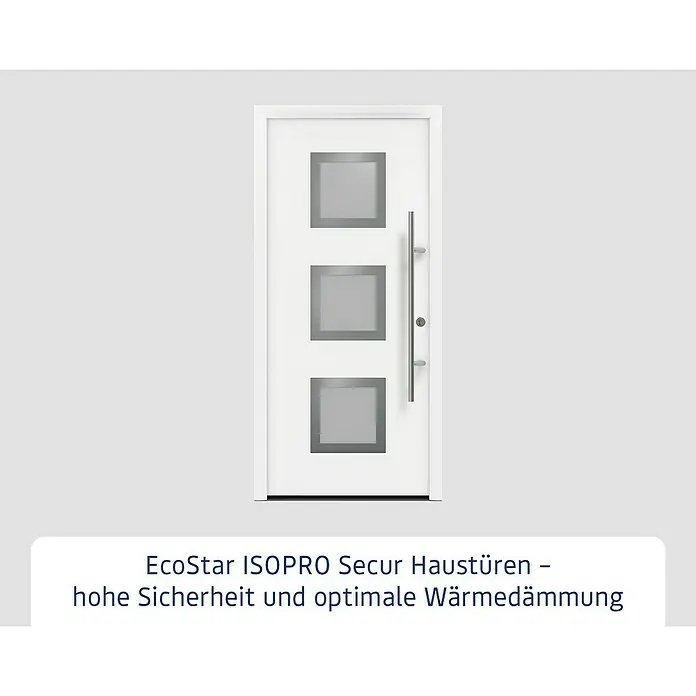Hörmann EcoStar Haustür ISOPRO Secur IPS 810S - 110 x 210 cm, DIN Anschlag: Rechts, Verkehrsweiß - Elegante weiße Haustür mit drei quadratischen Glaseinsätzen und einem modernen, vertikalen Griff für ein stilvolles Zuhause.