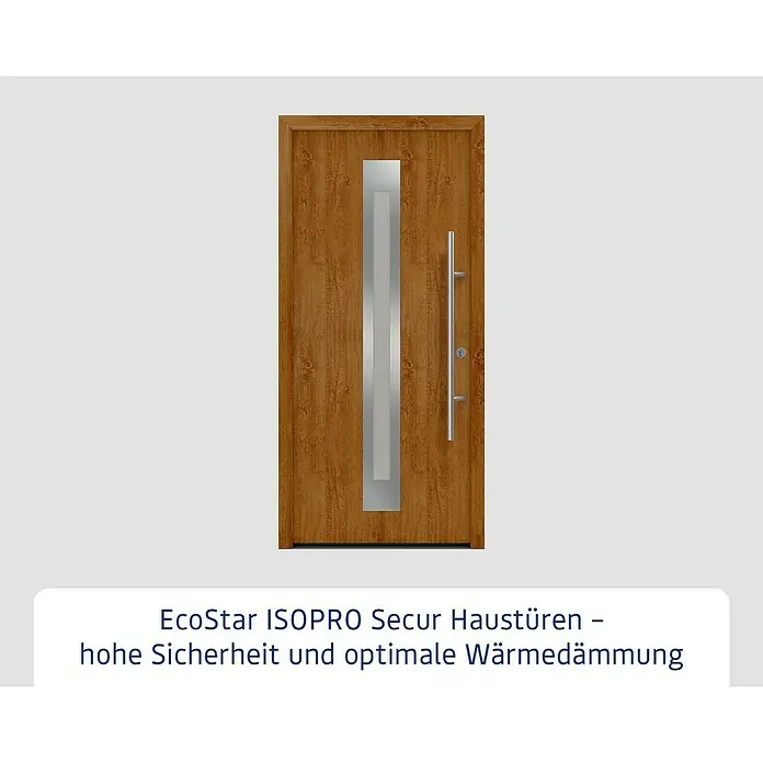 Hörmann EcoStar Haustür ISOPRO Secur IPS 770S - 110 x 210 cm, DIN Anschlag: Rechts, Golden Oak - Elegante EcoStar ISOPRO Secur Haustür in Holzoptik mit Glaseinsatz und Edelstahlgriff für hohe Sicherheit und optimale Wärmedämmung.