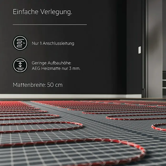AEG Fußbodenheizung TBS TB 160/2.5 SET PLUS - 500 x 50 cm, Beheizbare Fläche: 2,5 m², 400 W - Heizmatte von AEG mit geringer Aufbauhöhe und einfacher Verlegung. Nur eine Anschlussleitung erforderlich. Mattenbreite: 50 cm.