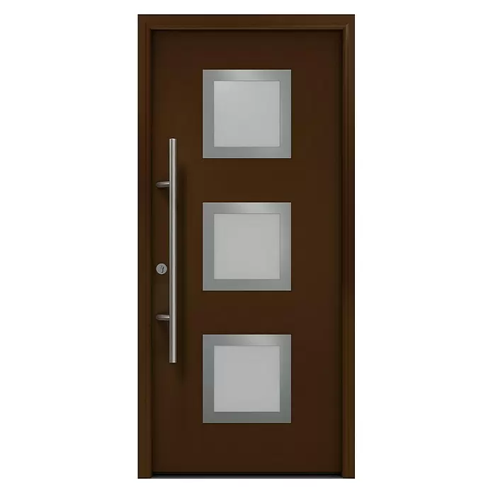 Hörmann EcoStar Haustür ISOPRO Secur IPS 810S - 110 x 210 cm, DIN Anschlag: Links, Terrabraun - Braune moderne Tür mit drei quadratischen Milchglasfenstern und einem langen silbernen Stangengriff.
