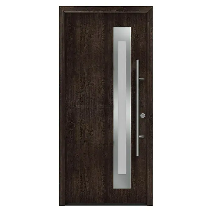 Hörmann EcoStar Haustür ISOPRO Secur IPS 780S - 110 x 210 cm, DIN Anschlag: Rechts, Night Oak - Elegante Haustür in dunklem Holz mit modernem, vertikalem Griff und silberfarbenem Akzentband, das Design und Funktionalität vereint.