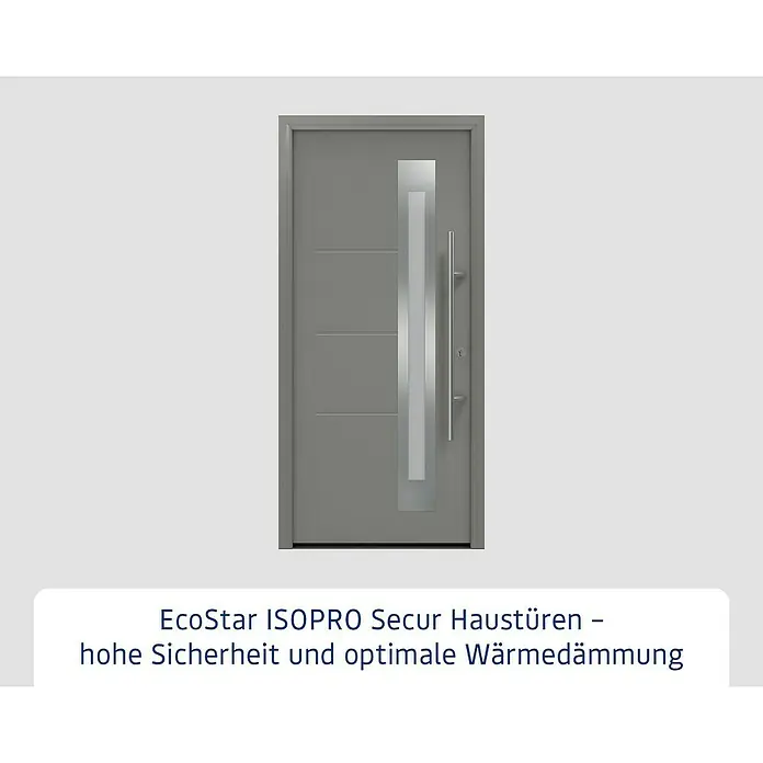 Hörmann EcoStar Haustür ISOPRO Secur IPS 780S - 110 x 210 cm, DIN Anschlag: Rechts, Graualuminium - Eine graue EcoStar ISOPRO Secur Haustür mit Glasausschnitt und langem Griff. Hohe Sicherheit und Wärmedämmung.