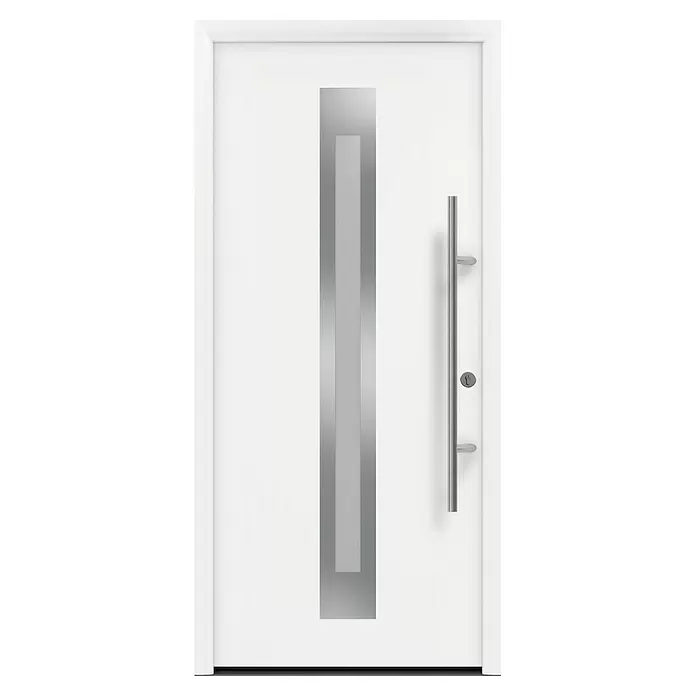 Hörmann EcoStar Haustür ISOPRO Secur IPS 770S - 110 x 210 cm, DIN Anschlag: Rechts, Verkehrsweiß - Weiße moderne Eingangstür mit vertikalem satiniertem Glaseinsatz und gebürstetem Edelstahlgriff.