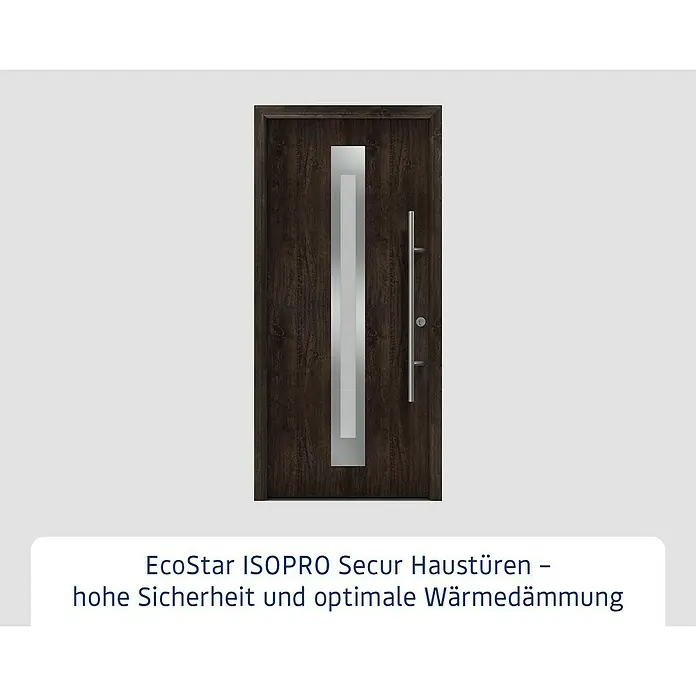 Hörmann EcoStar Haustür ISOPRO Secur IPS 770S - 110 x 210 cm, DIN Anschlag: Rechts, Night Oak - Abbildung einer modernen EcoStar ISOPRO Secur Haustür in dunkler Holzoptik mit Glaseinsatz und Edelstahlgriff.