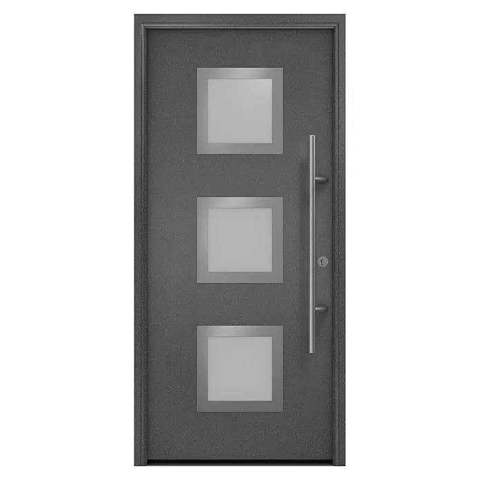 Hörmann EcoStar Haustür ISOPRO Secur IPS 810S - 110 x 210 cm, DIN Anschlag: Rechts, CH 703 Anthrazit Metallic - Moderne graue Tür mit Textur, drei Milchglaseinsätzen und vertikalem silbernem Griff.