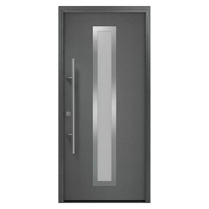 Hörmann EcoStar Haustür ISOPRO Secur IPS 700S - 110 x 210 cm, DIN Anschlag: Links, CH 703 Anthrazit Metallic - Moderne anthrazitfarbene Eingangstür mit langem Silbergriff und vertikalem Mattglas-Einsatz.